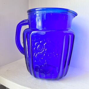 Vibrant Cobalt Open Rose Glass Pitcher